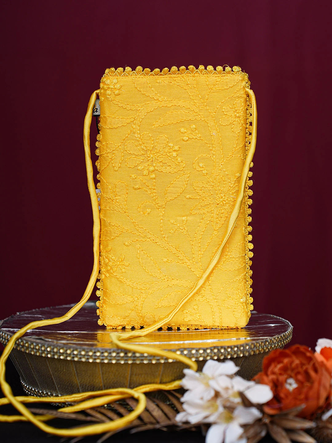 Ada Hand Embroidered Yellow Chanderi Lucknowi Chikankari Mobile Cover 01A728922