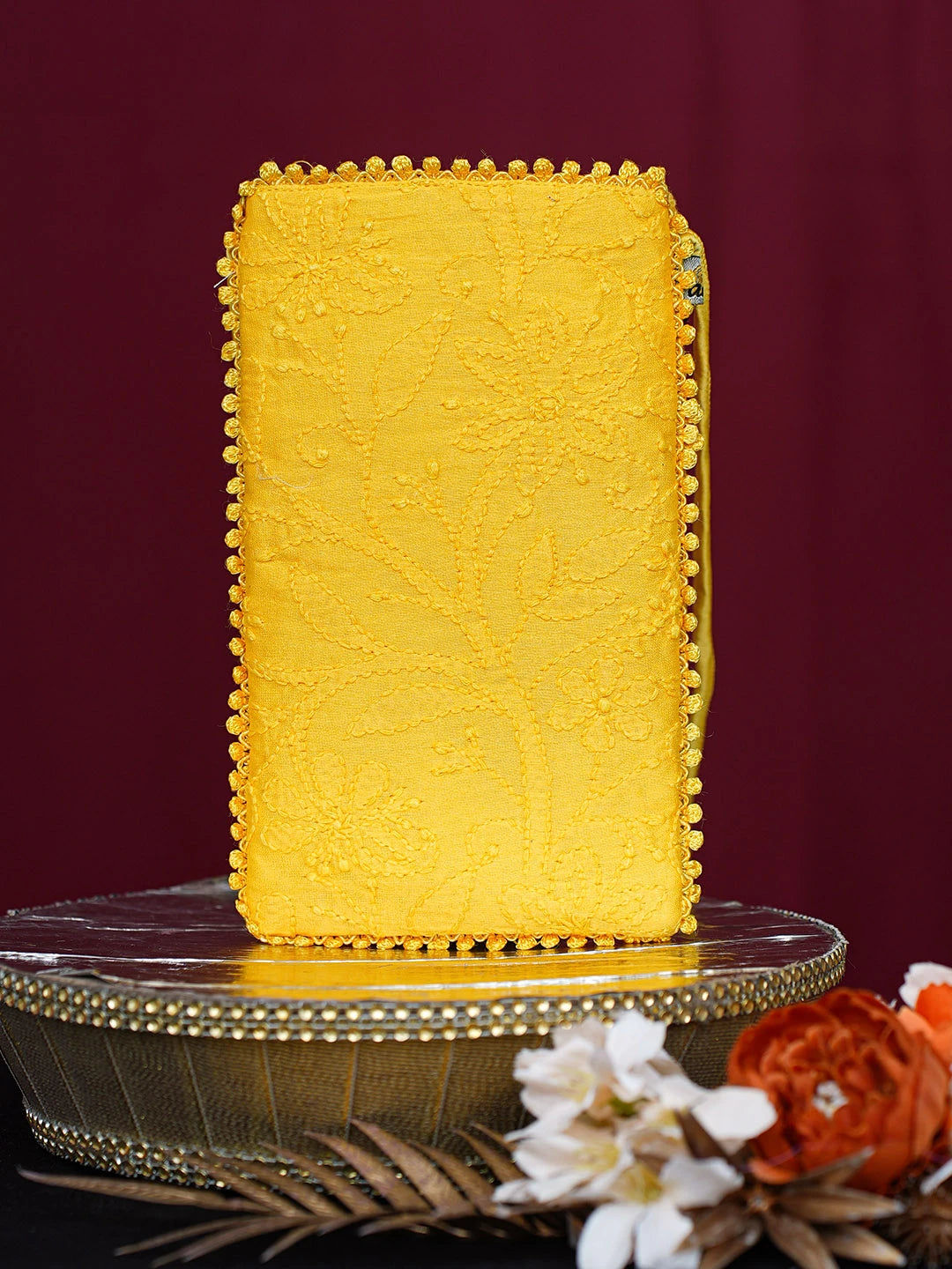 Ada Hand Embroidered Yellow Chanderi Lucknowi Chikankari Mobile Cover 01A728922