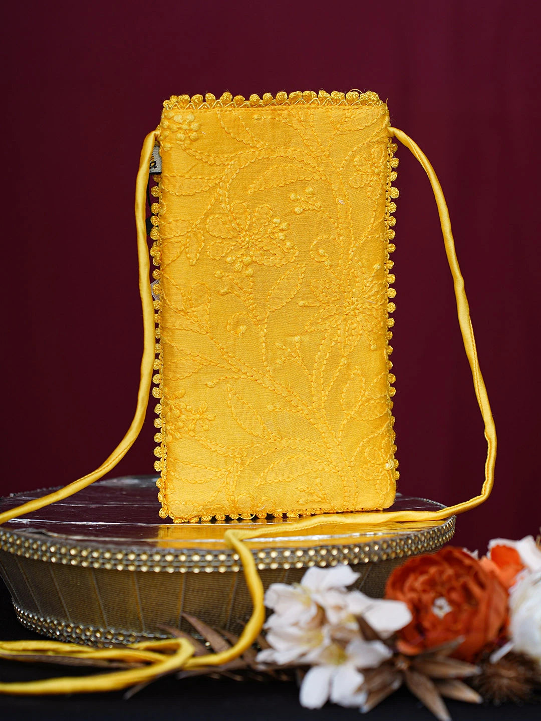 Ada Hand Embroidered Yellow Chanderi Lucknowi Chikankari Mobile Cover 01A728922