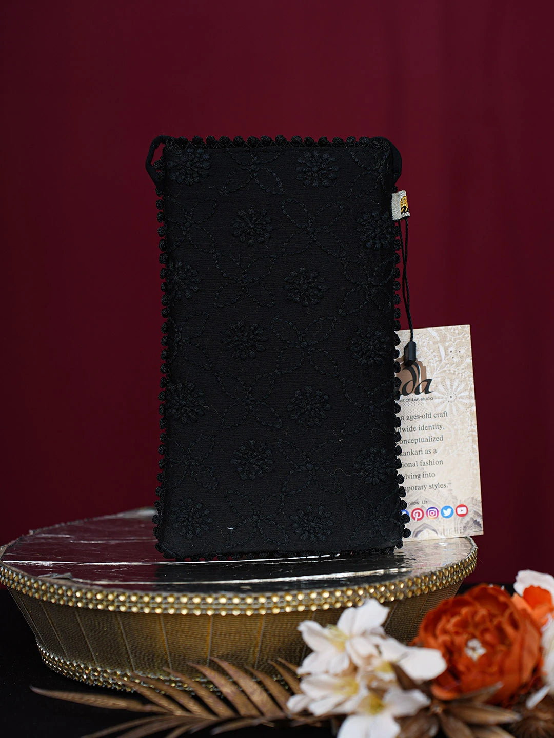 Ada Hand Embroidered Black Chanderi Lucknowi Chikankari Mobile Cover 01A728895
