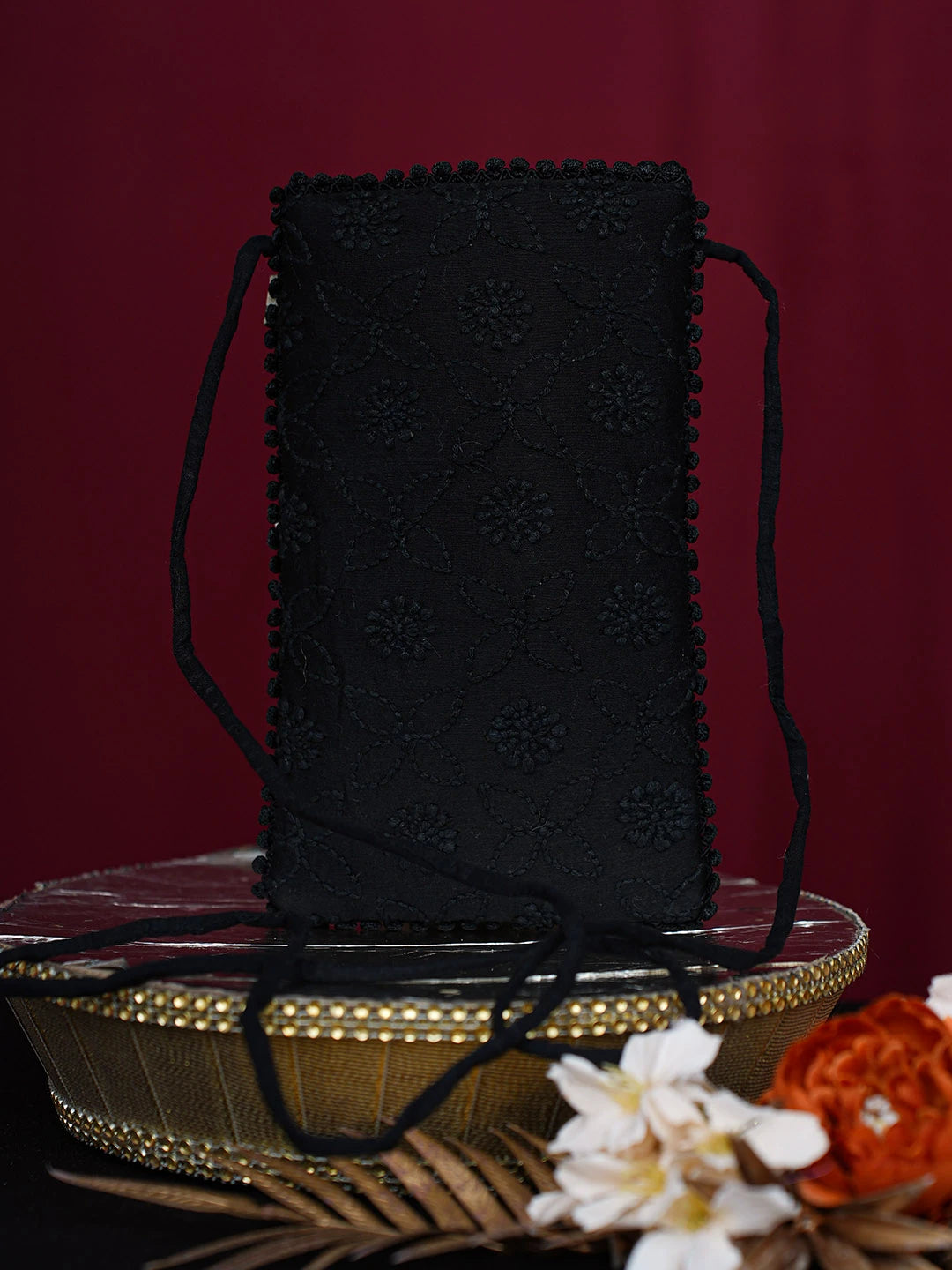 Ada Hand Embroidered Black Chanderi Lucknowi Chikankari Mobile Cover 01A728895