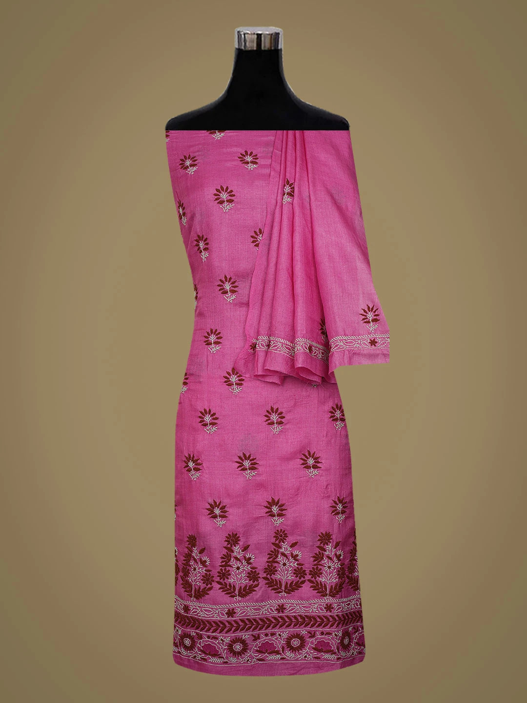 Ada Hand Embroidered Magenta Silk Lucknowi Chikankari Unstitched Kurta Dupatta Set 01A727350