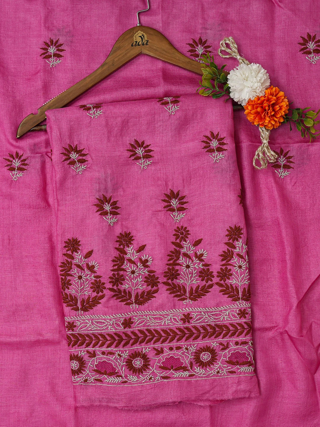 Ada Hand Embroidered Magenta Silk Lucknowi Chikankari Unstitched Kurta Dupatta Set 01A727350