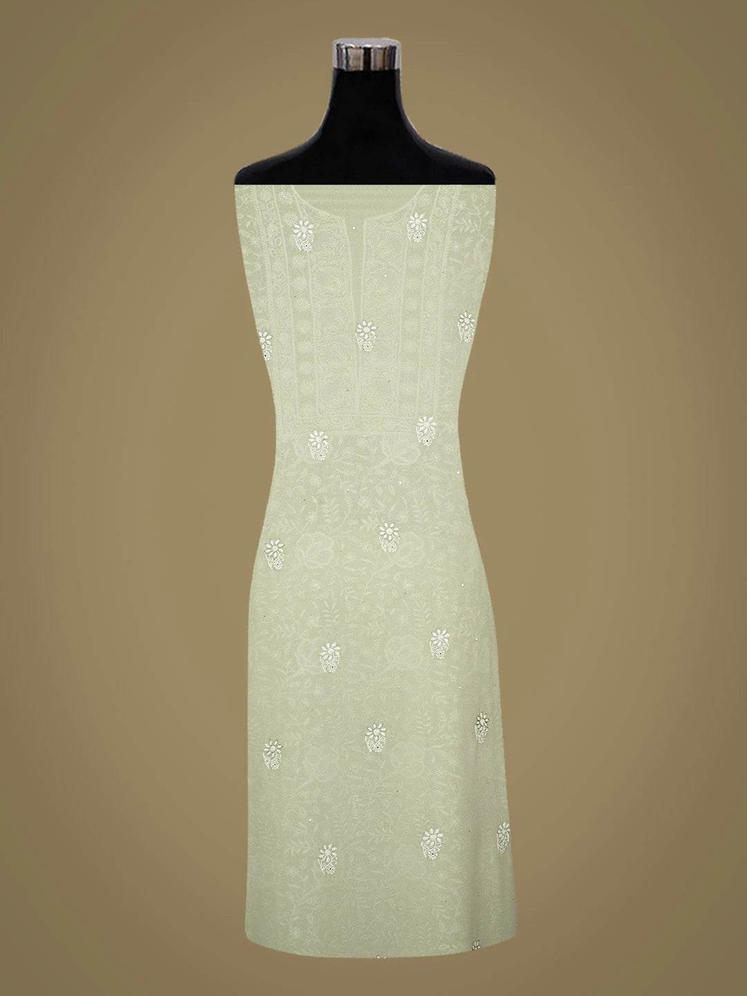 Ada Hand Embroidered Pista Green Pure Georgette Lucknowi Chikankari Unstitched Kurta Dupatta Set With Cutdana Work 01A713036