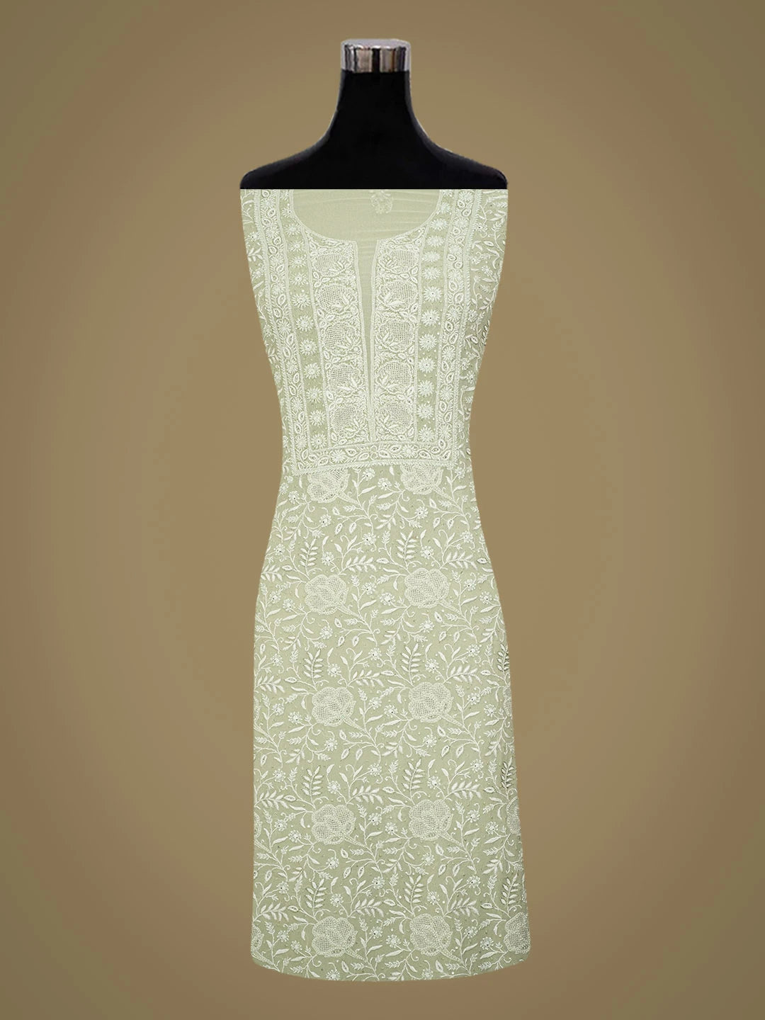 Ada Hand Embroidered Pista Green Pure Georgette Lucknowi Chikankari Unstitched Kurta Dupatta Set With Cutdana Work 01A713036