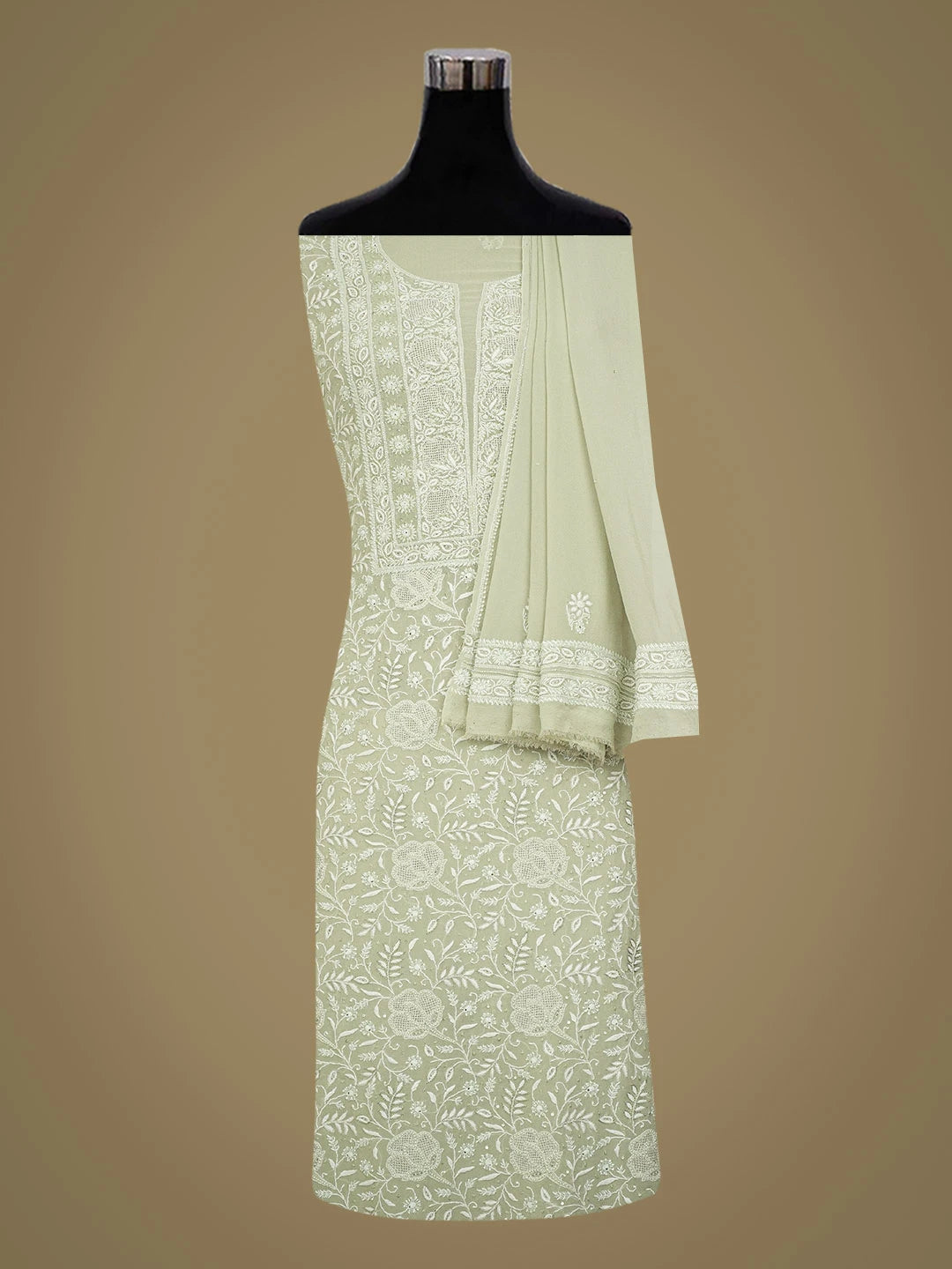 Ada Hand Embroidered Pista Green Pure Georgette Lucknowi Chikankari Unstitched Kurta Dupatta Set With Cutdana Work 01A713036