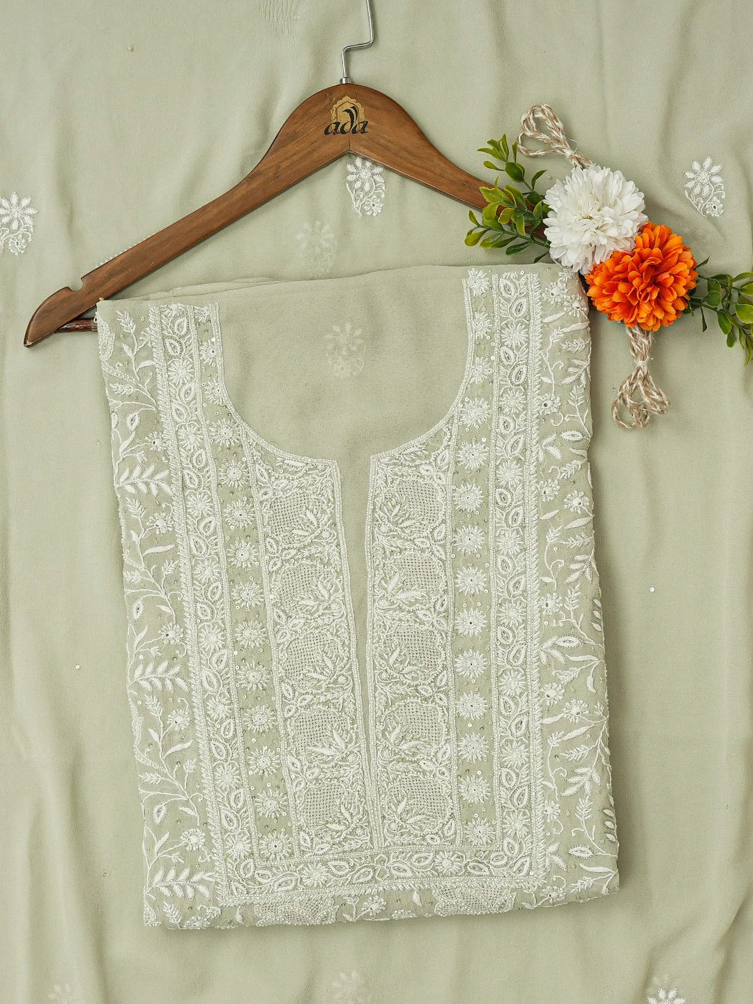 Ada Hand Embroidered Pista Green Pure Georgette Lucknowi Chikankari Unstitched Kurta Dupatta Set With Cutdana Work 01A713036