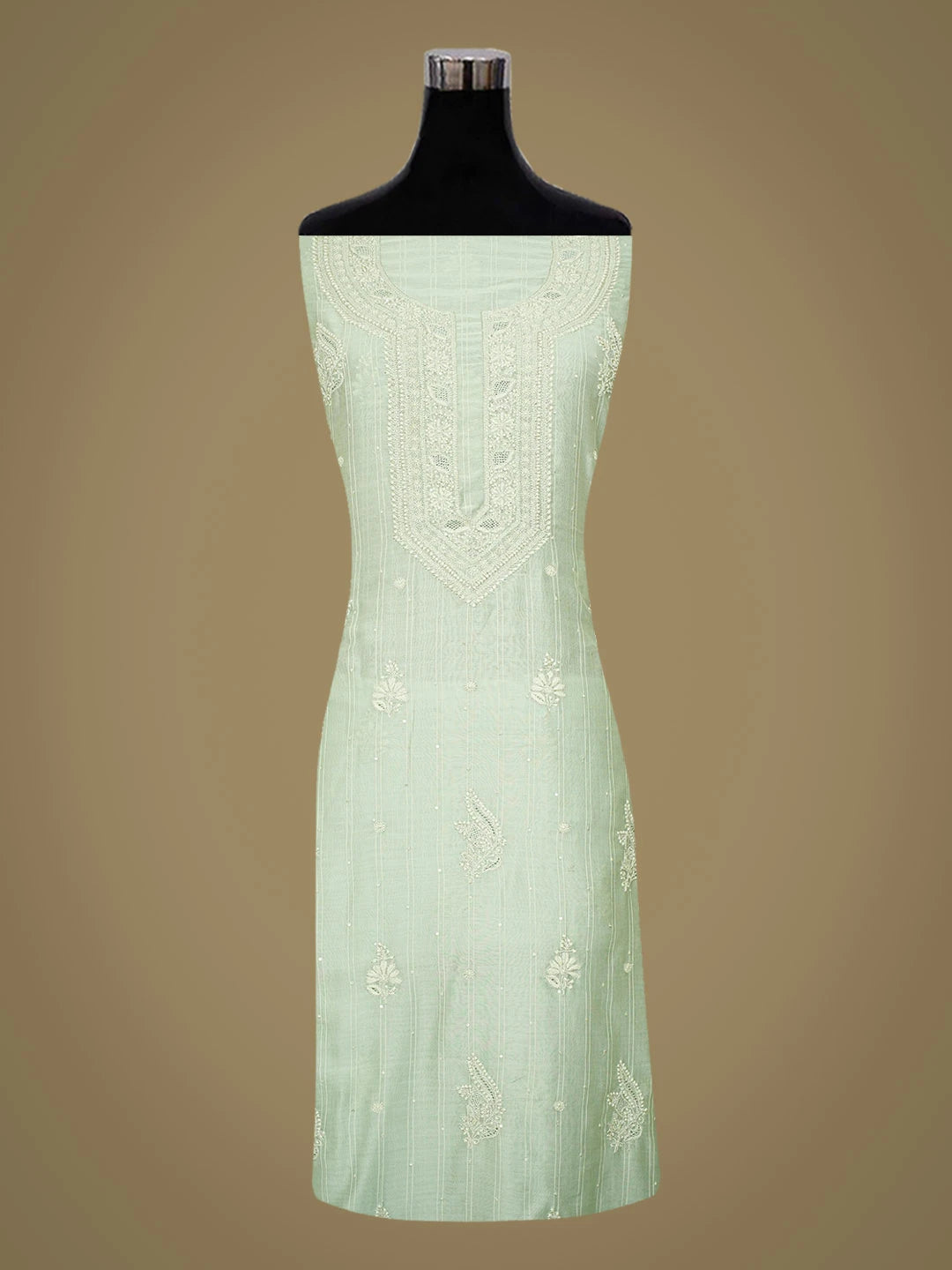 Ada Hand Embroidered Sea Green Chanderi Lucknowi Chikankari Unstitched Kurta Dupatta Set With Cutdana Work 01A719154