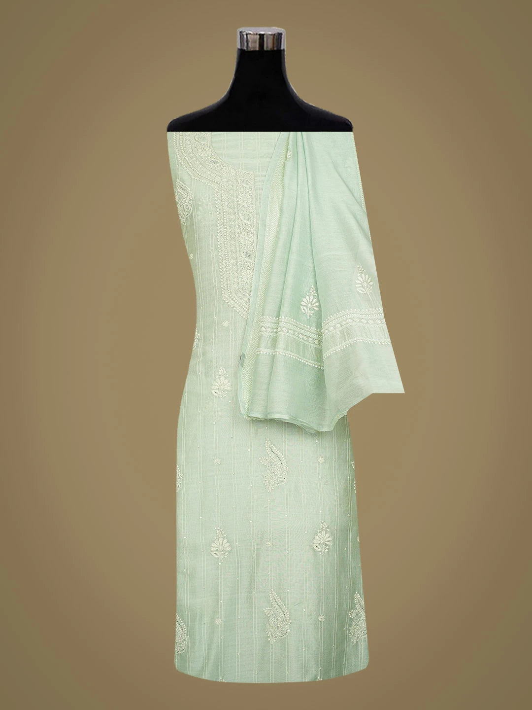 Ada Hand Embroidered Sea Green Chanderi Lucknowi Chikankari Unstitched Kurta Dupatta Set With Cutdana Work 01A719154