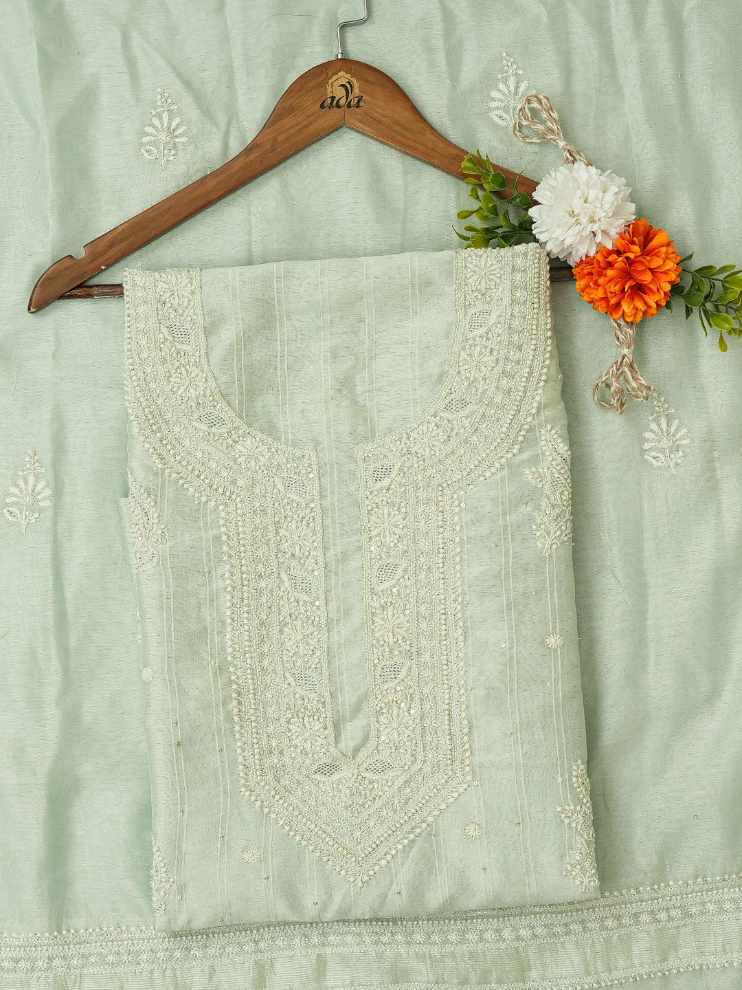 Ada Hand Embroidered Sea Green Chanderi Lucknowi Chikankari Unstitched Kurta Dupatta Set With Cutdana Work 01A719154