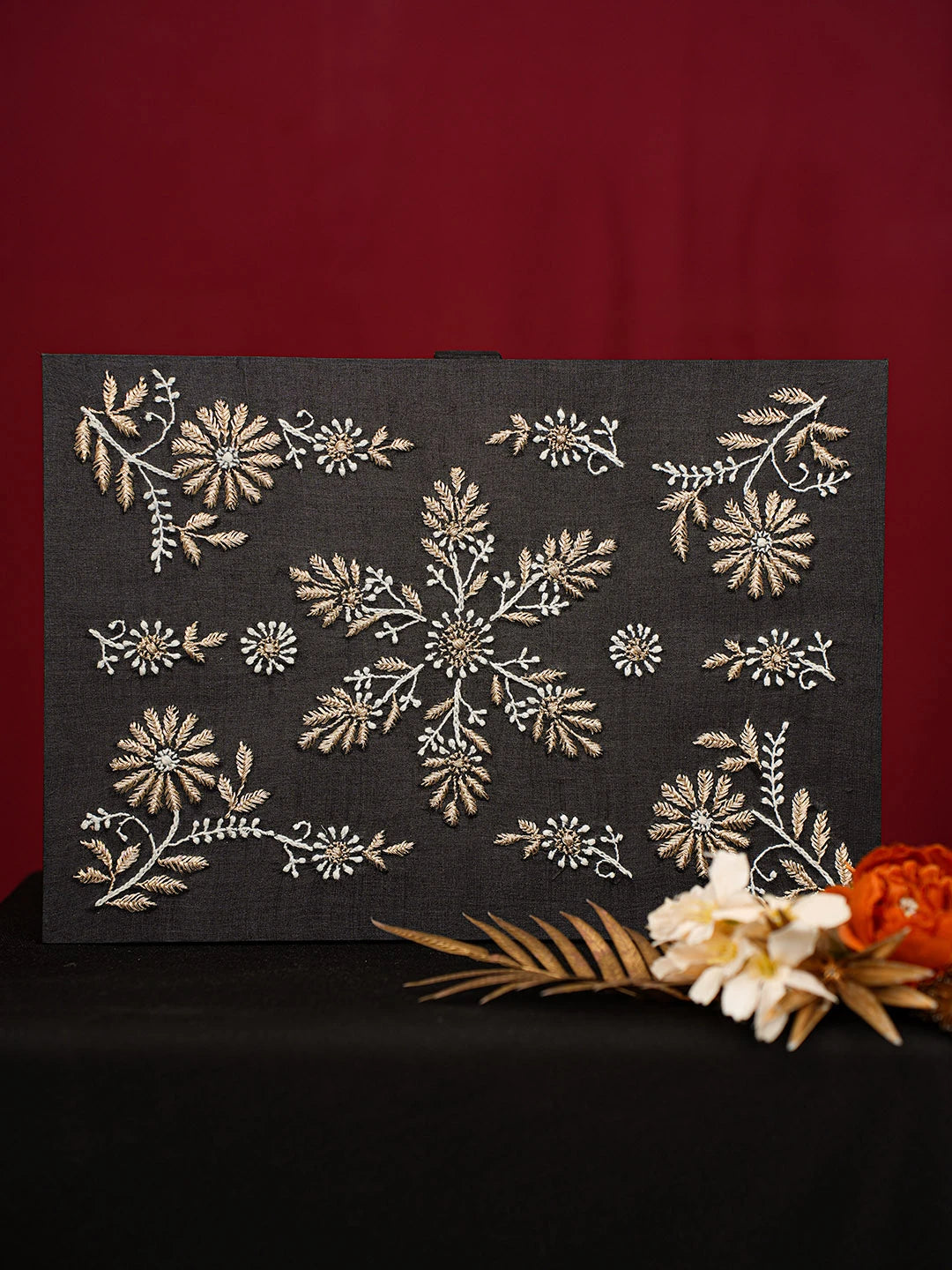 Ada Hand Embroidered Black Silk Lucknowi Chikankari Jewellery Box With Zari Taar Work 01A746034
