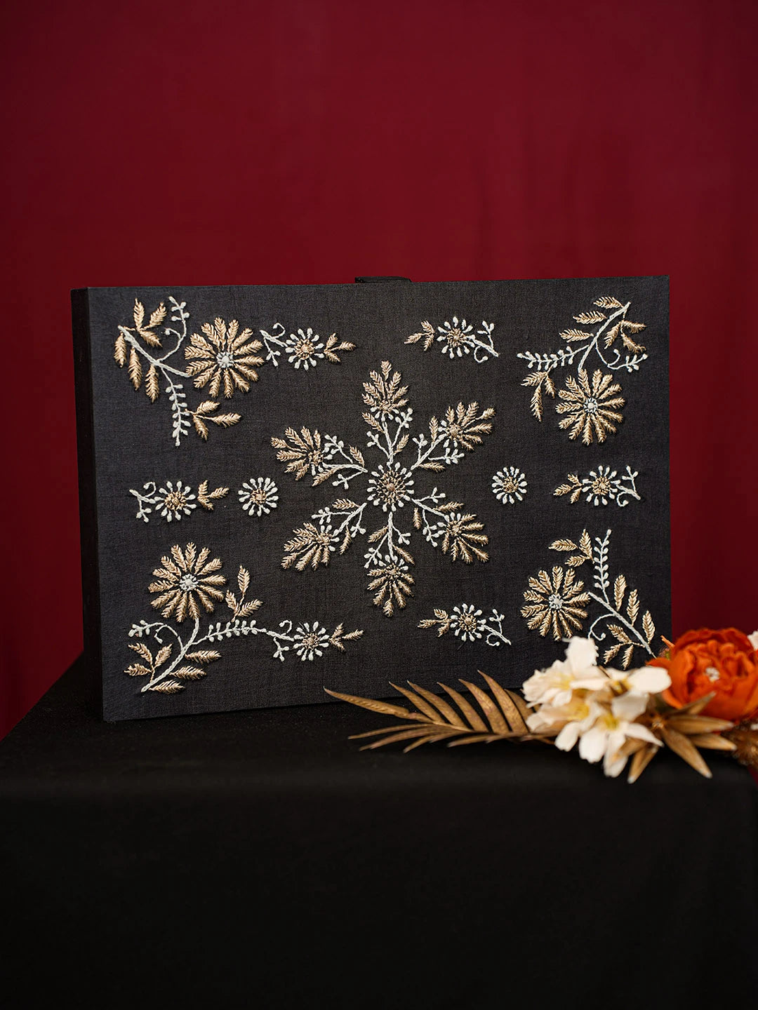 Ada Hand Embroidered Black Silk Lucknowi Chikankari Jewellery Box With Zari Taar Work 01A746034