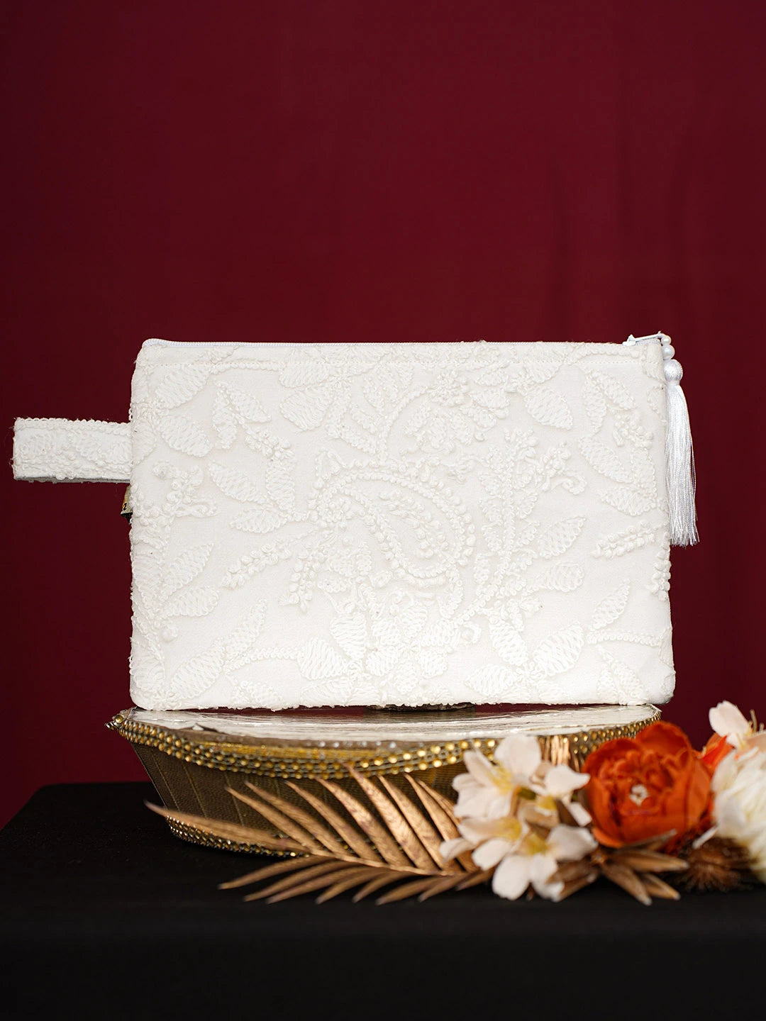 Ada Hand Embroidered White Georgette Lucknowi Chikankari Pouch 01A691360