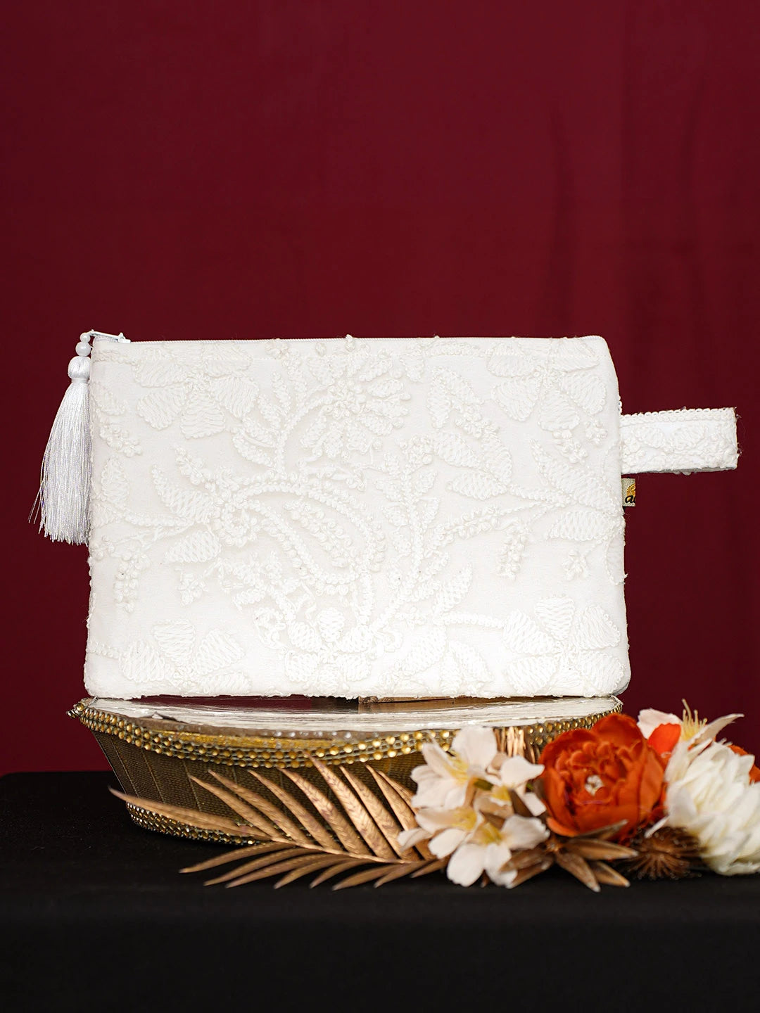 Ada Hand Embroidered White Georgette Lucknowi Chikankari Pouch 01A691360