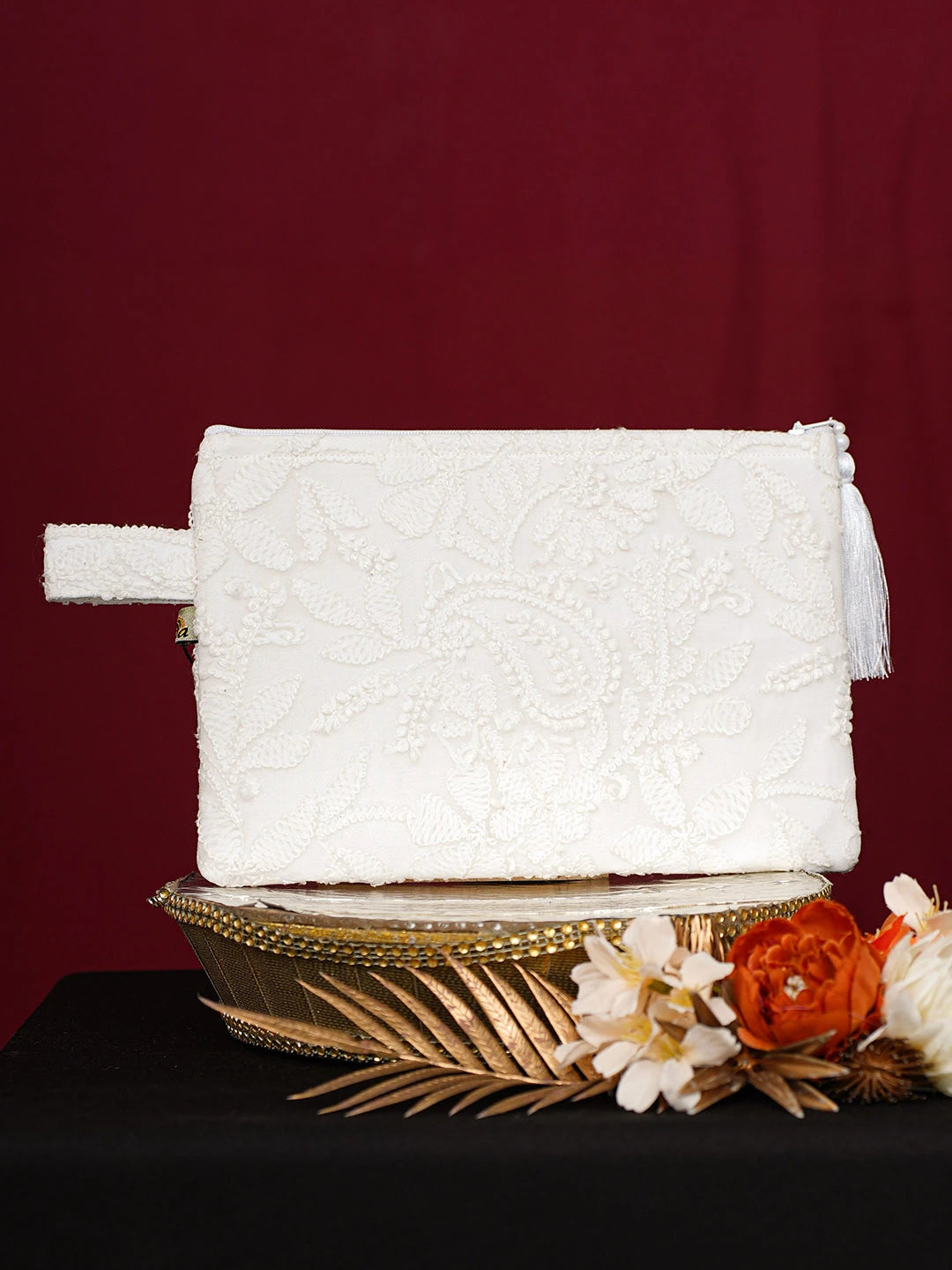 Ada Hand Embroidered White Georgette Lucknowi Chikankari Pouch 01A691360