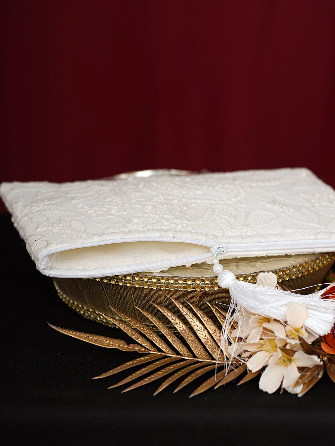 Ada Hand Embroidered White Georgette Lucknowi Chikankari Pouch 01A691360