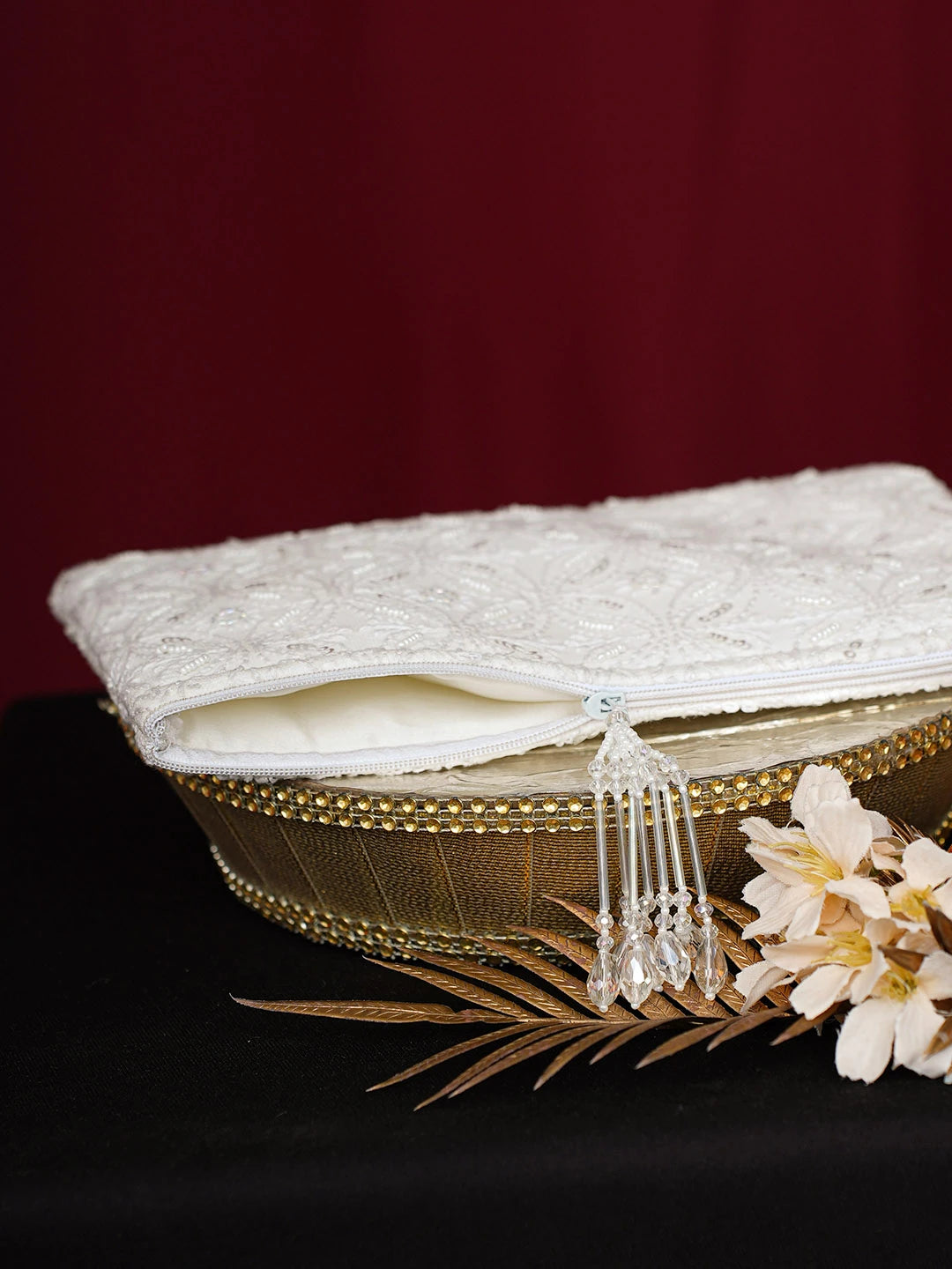 Ada Hand Embroidered White Viscose Georgette Lucknowi Chikankari Pouch With Cutdana Work 01A696885