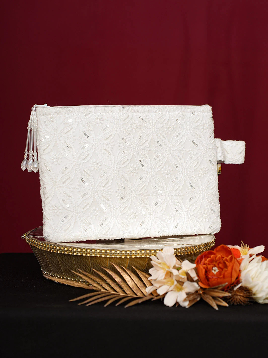 Ada Hand Embroidered White Viscose Georgette Lucknowi Chikankari Pouch With Cutdana Work 01A696885