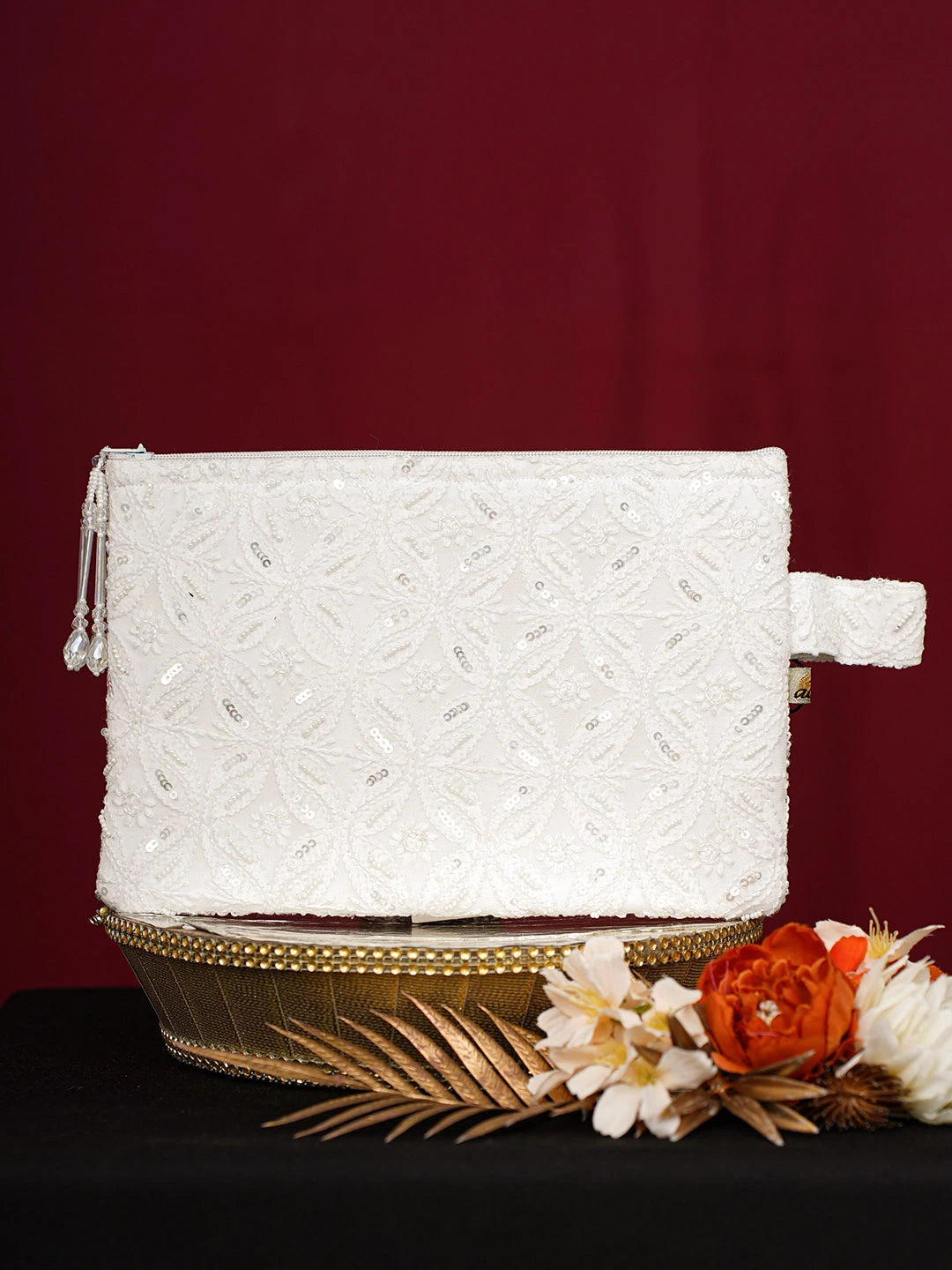 Ada Hand Embroidered White Viscose Georgette Lucknowi Chikankari Pouch With Cutdana Work 01A696885