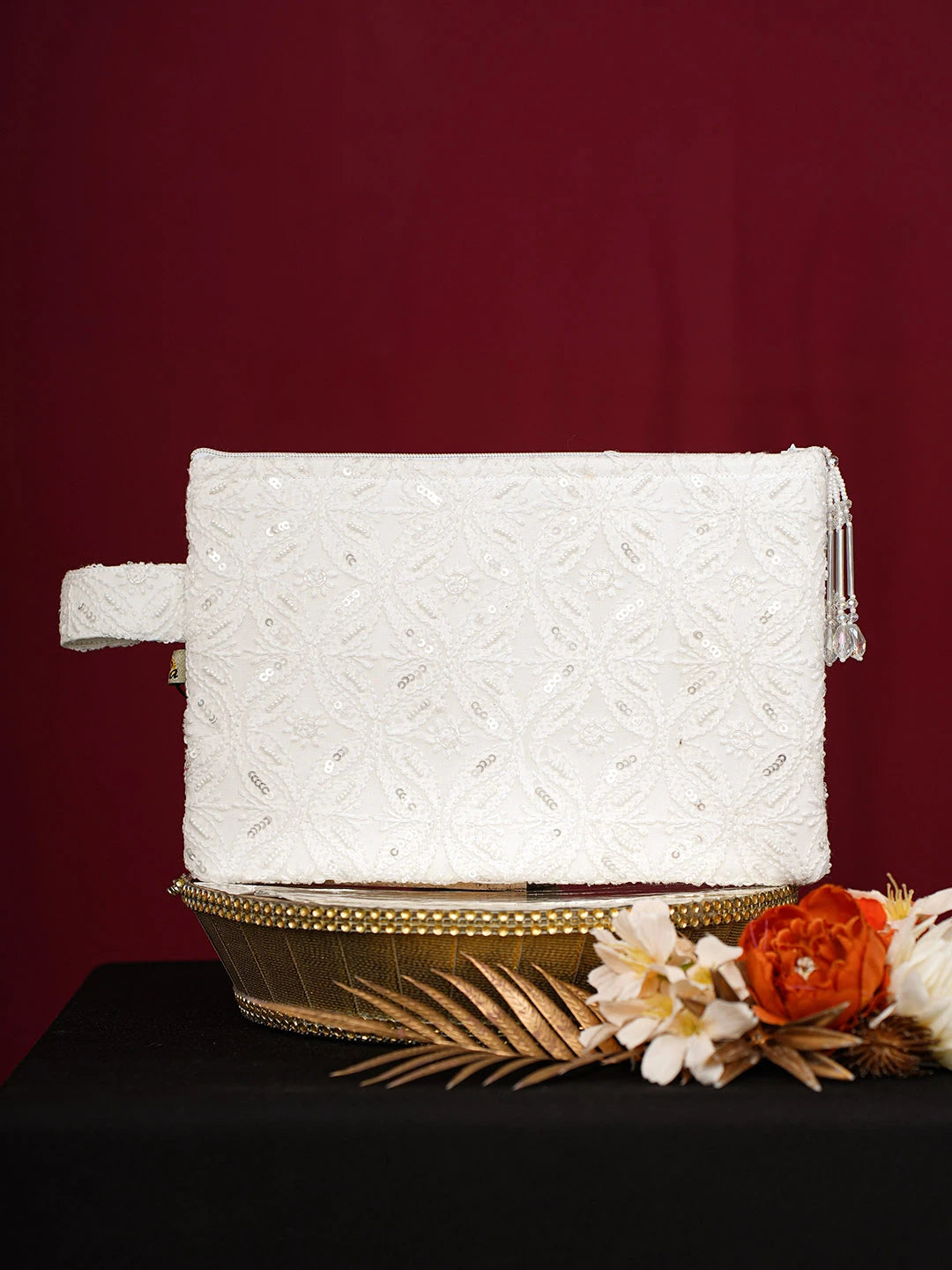 Ada Hand Embroidered White Viscose Georgette Lucknowi Chikankari Pouch With Cutdana Work 01A696885