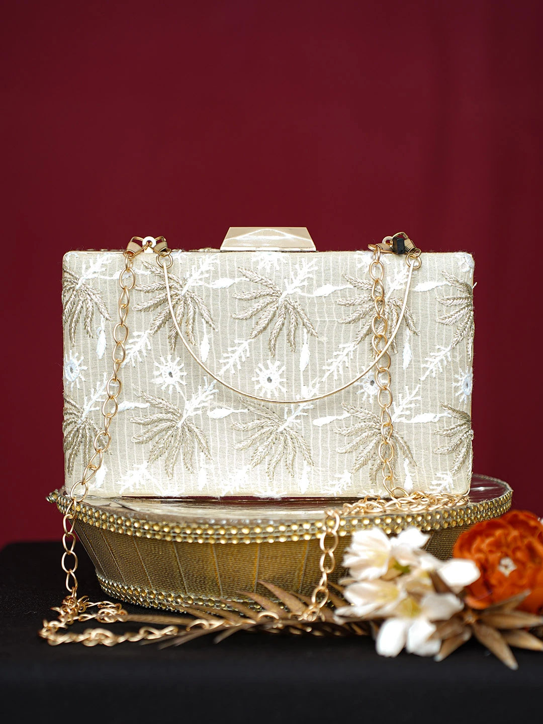 Ada Hand Embroidered Fawn Silk Lucknowi Chikankari Clutch With Zari Work 01A746494