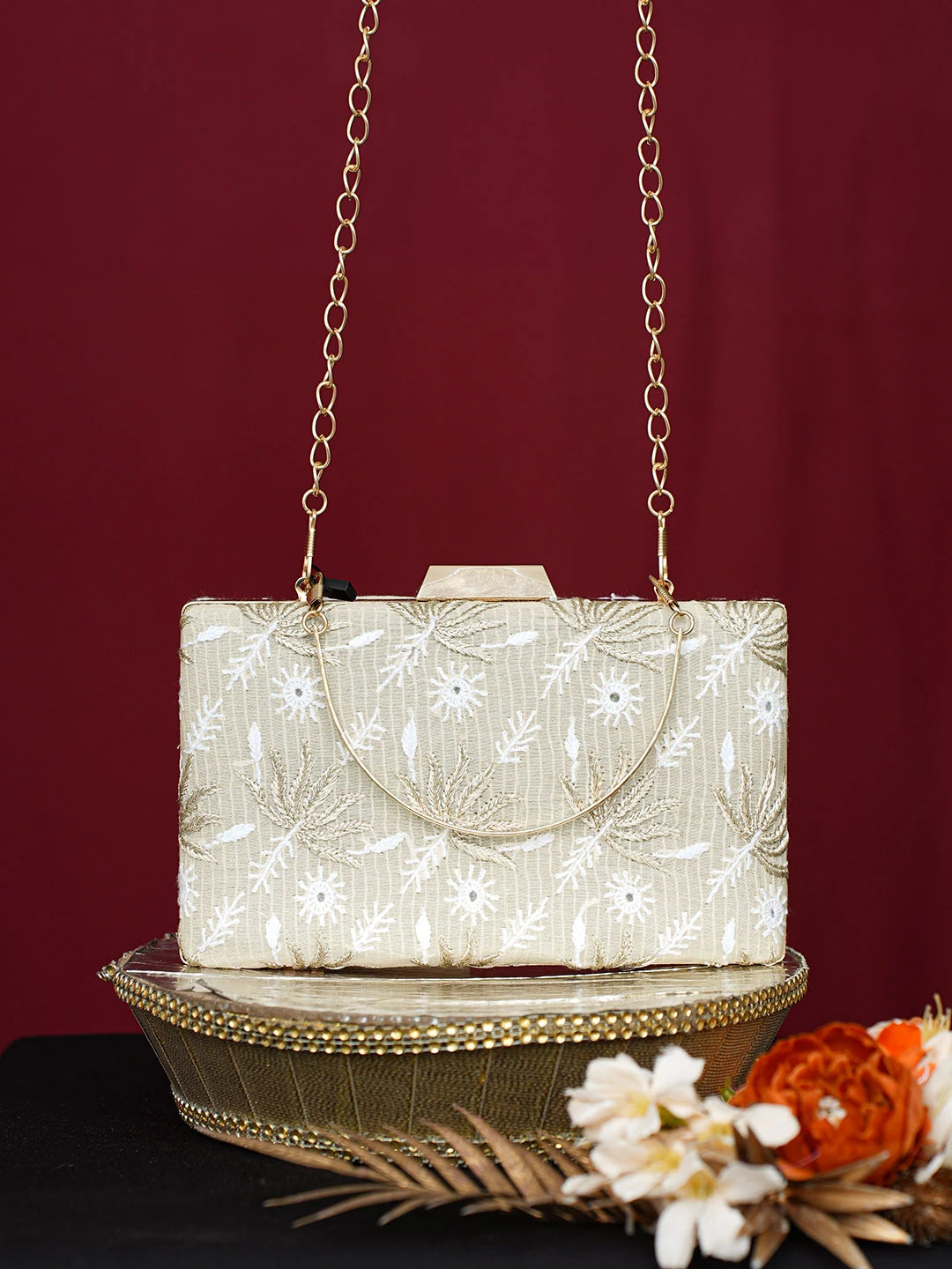 Ada Hand Embroidered Fawn Silk Lucknowi Chikankari Clutch With Zari Work 01A746494