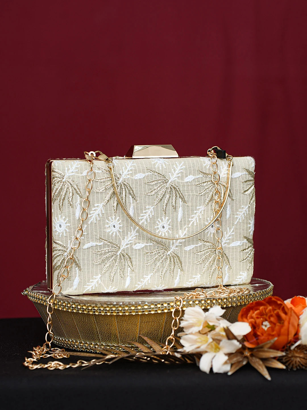 Ada Hand Embroidered Fawn Silk Lucknowi Chikankari Clutch With Zari Work 01A746494