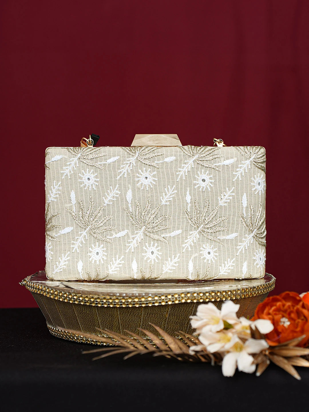 Ada Hand Embroidered Fawn Silk Lucknowi Chikankari Clutch With Zari Work 01A746494