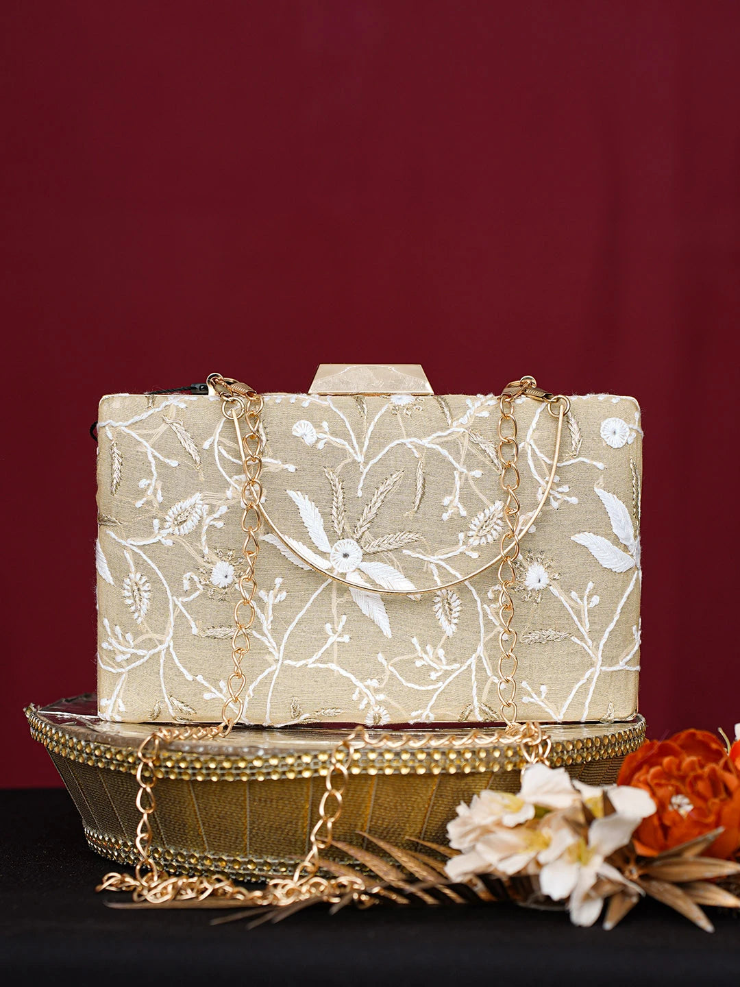 Ada Hand Embroidered Fawn Silk Lucknowi Chikankari Clutch With Golden Zari Taar Work 01A746501