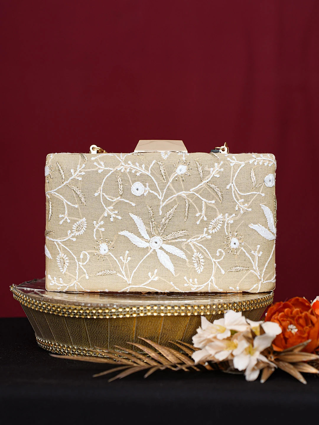 Ada Hand Embroidered Fawn Silk Lucknowi Chikankari Clutch With Golden Zari Taar Work 01A746501