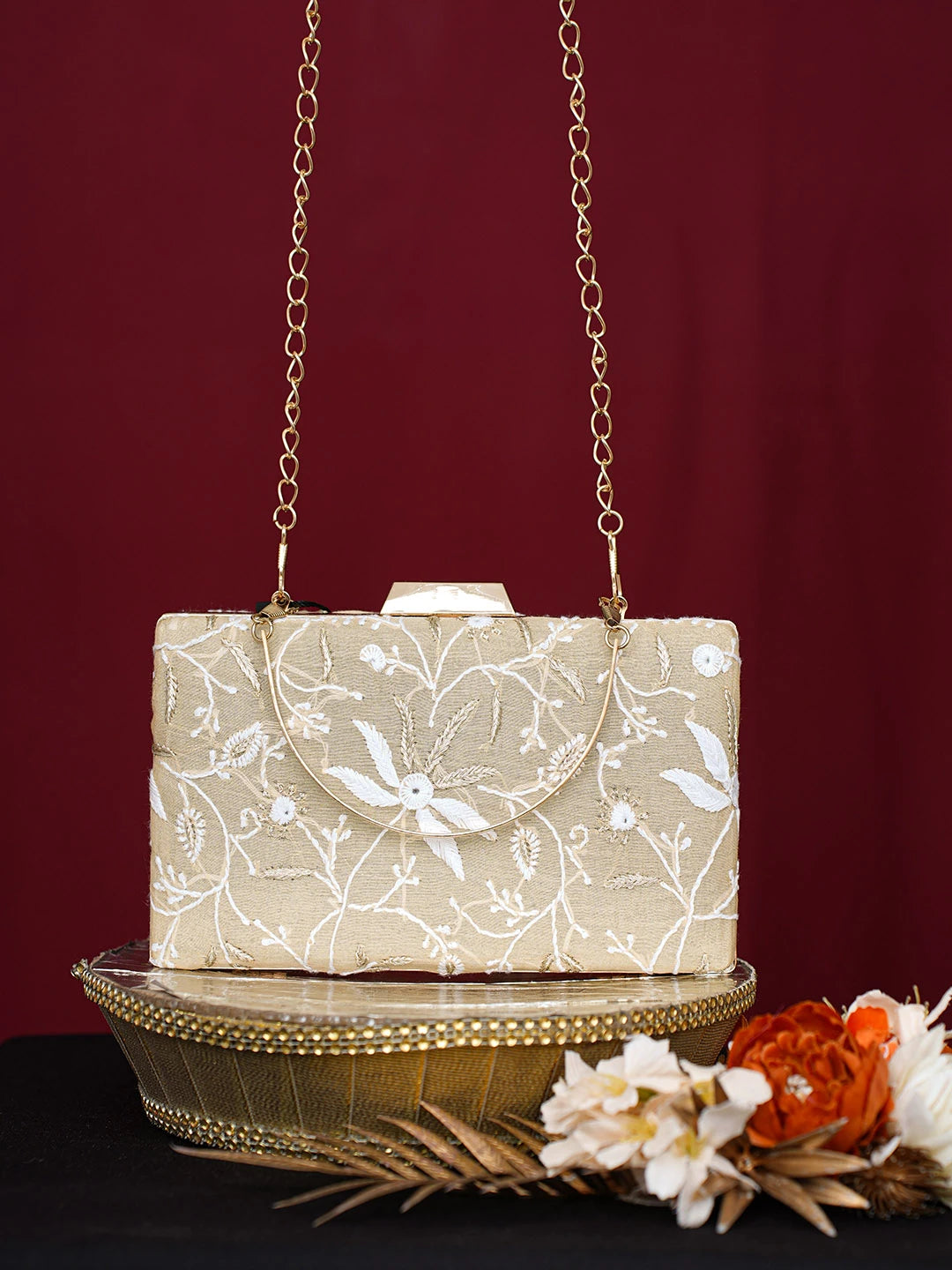 Ada Hand Embroidered Fawn Silk Lucknowi Chikankari Clutch With Golden Zari Taar Work 01A746501