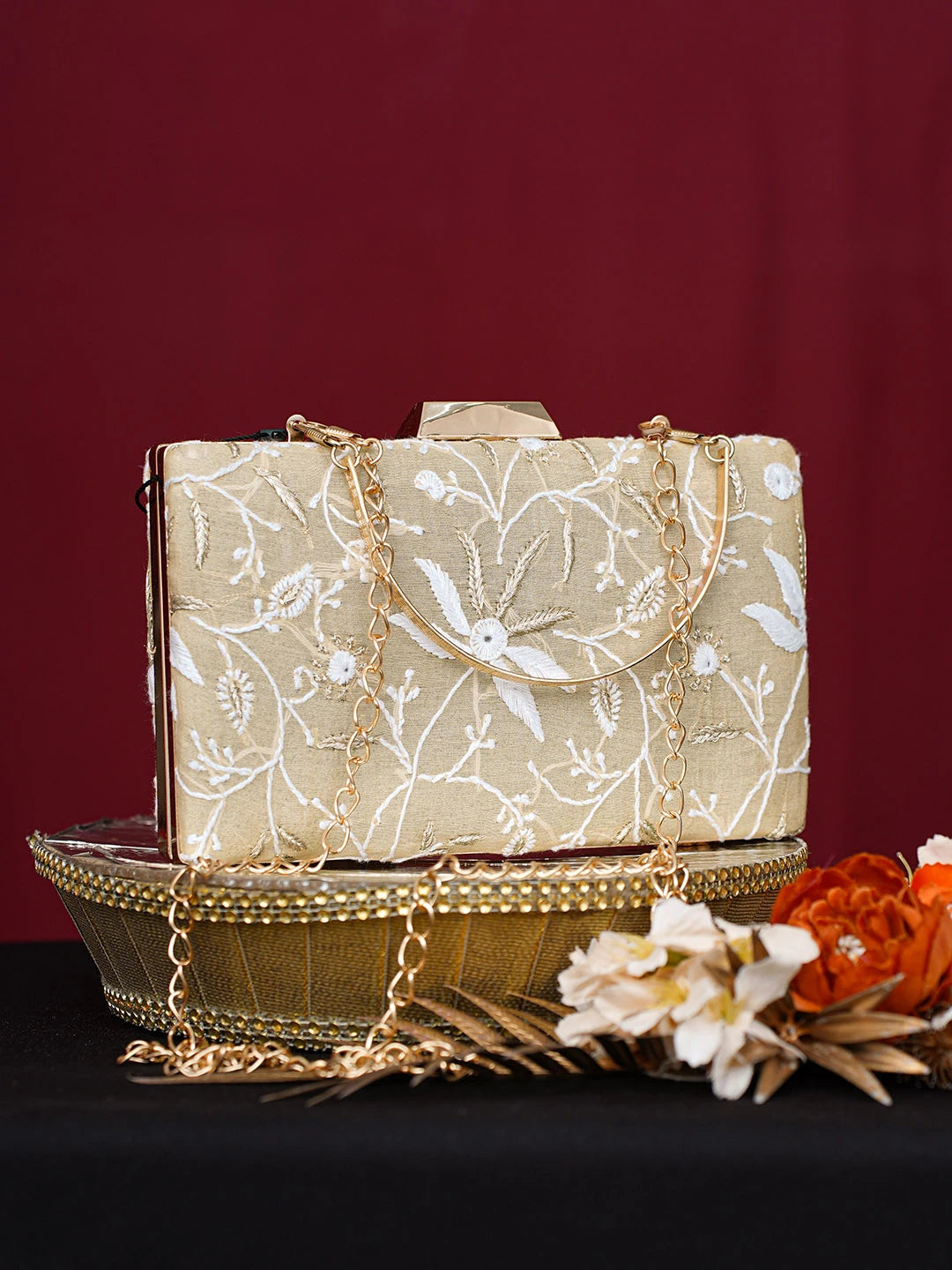 Ada Hand Embroidered Fawn Silk Lucknowi Chikankari Clutch With Golden Zari Taar Work 01A746501