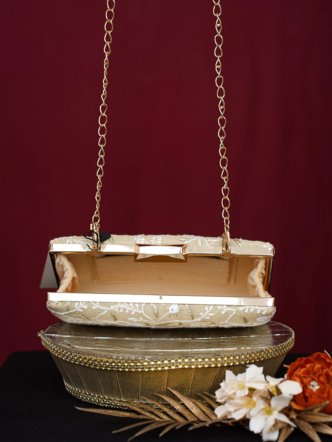 Ada Hand Embroidered Fawn Silk Lucknowi Chikankari Clutch With Golden Zari Taar Work 01A746501