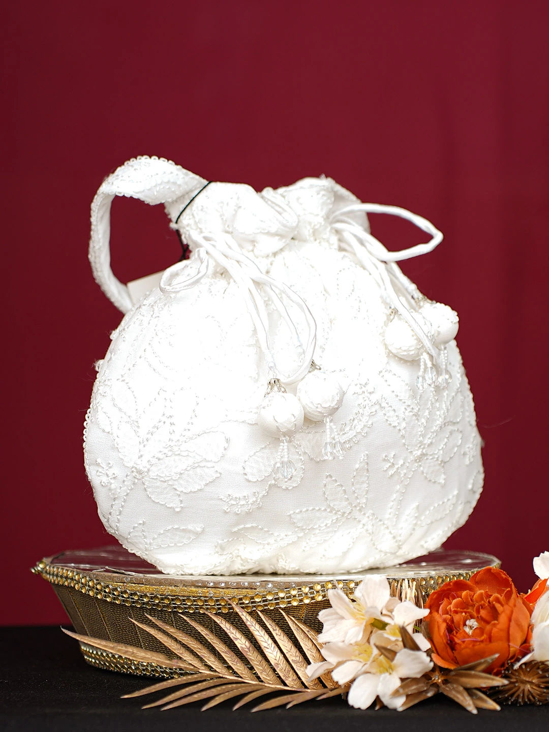 Ada Hand Embroidered White Viscose Georgette Lucknowi Chikankari Potli Bag 01A748894