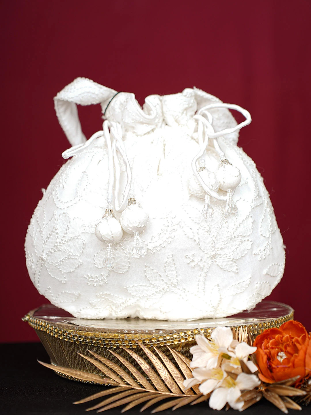 Ada Hand Embroidered White Viscose Georgette Lucknowi Chikankari Potli Bag 01A748894