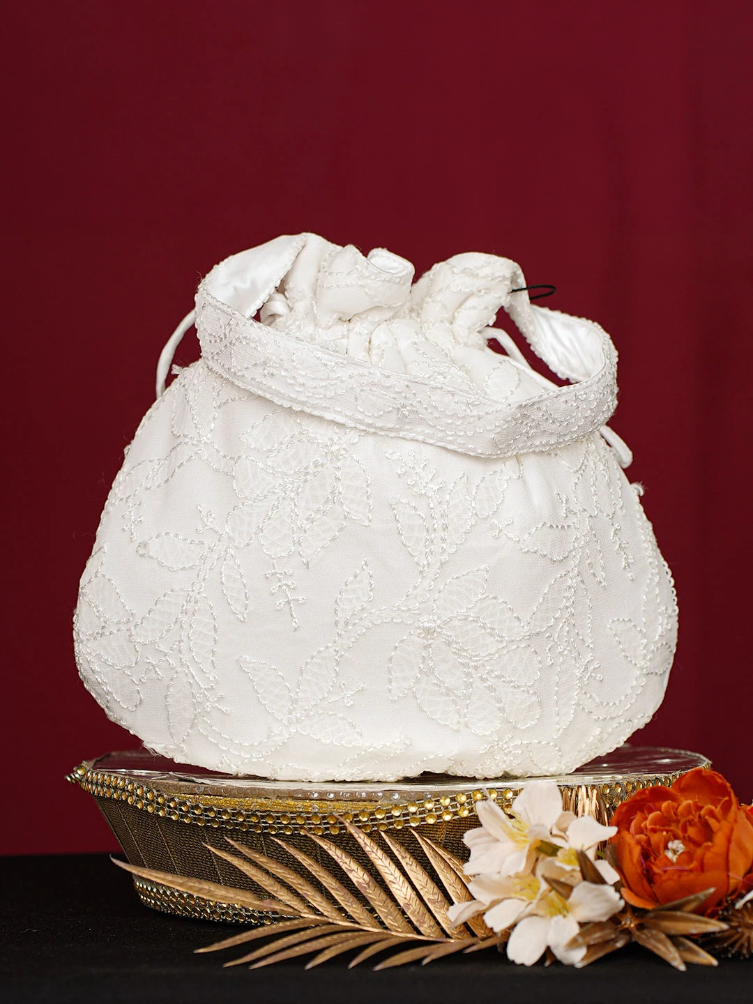 Ada Hand Embroidered White Viscose Georgette Lucknowi Chikankari Potli Bag 01A748894