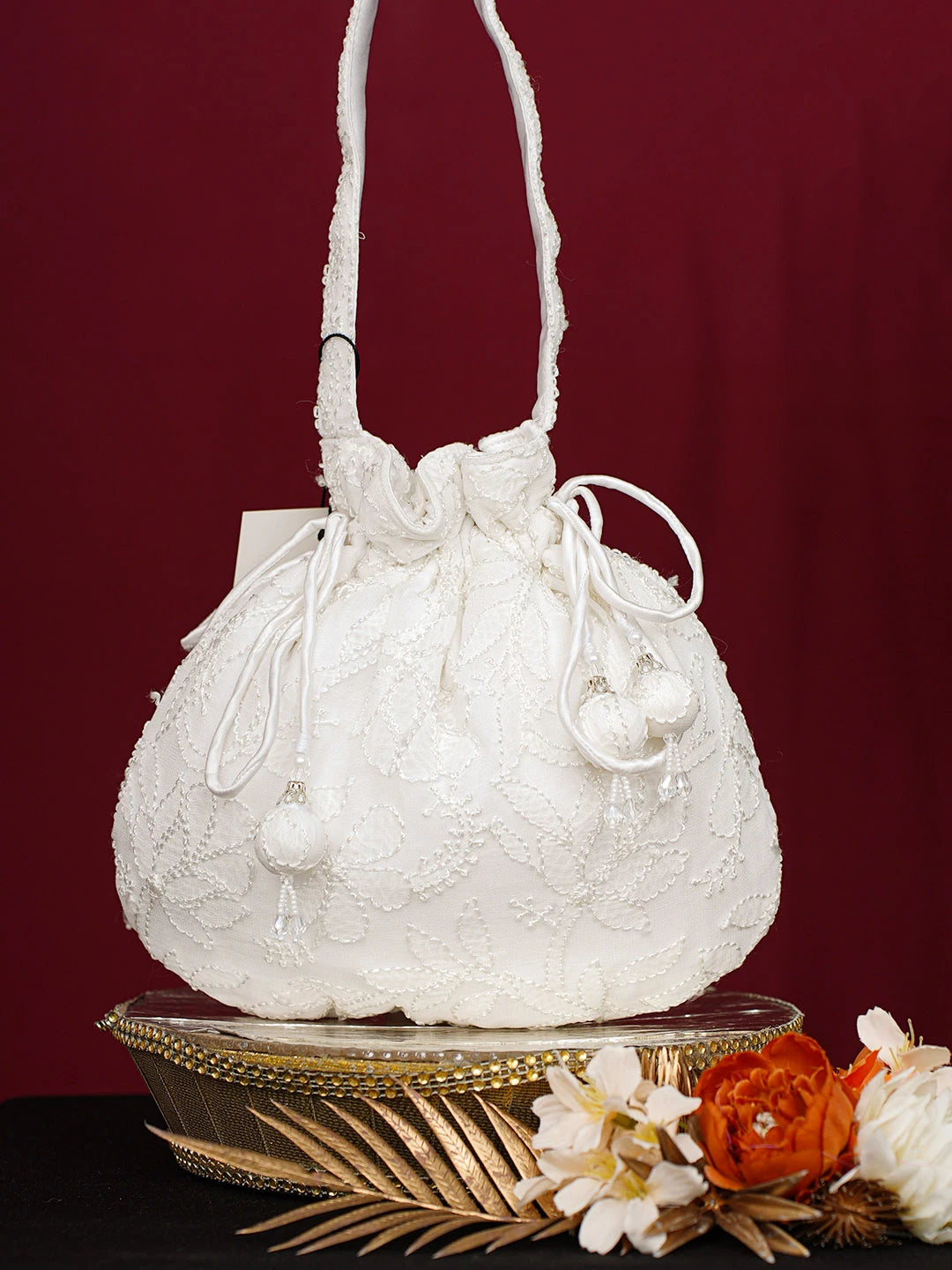 Ada Hand Embroidered White Viscose Georgette Lucknowi Chikankari Potli Bag 01A748894