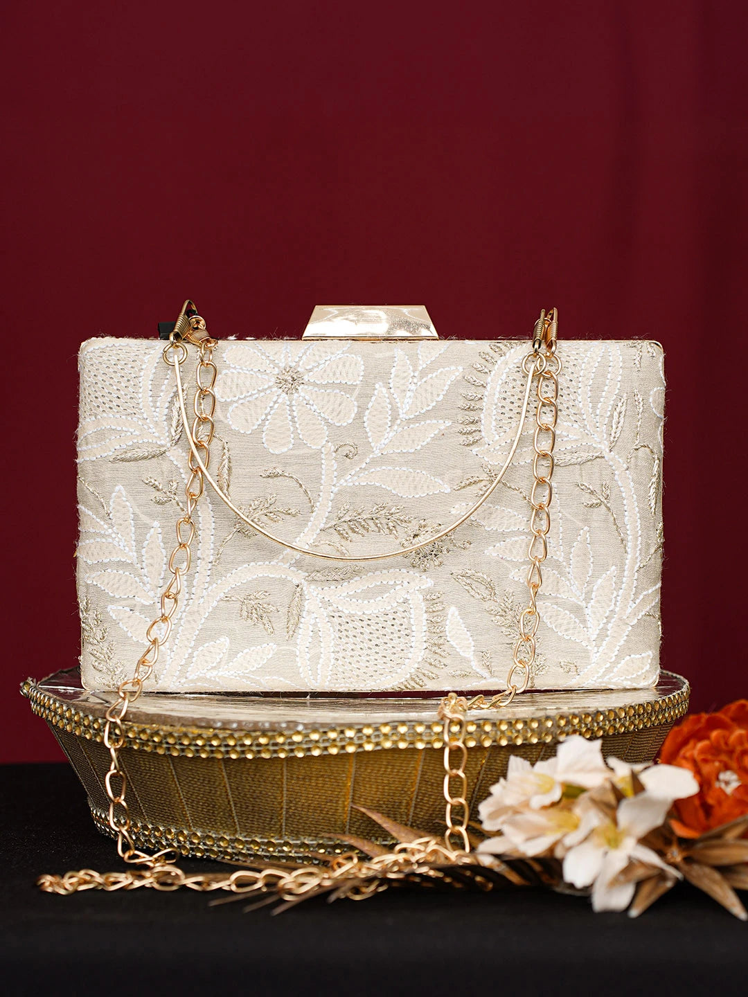 Ada Hand Embroidered Fawn Silk Lucknowi Chikankari Clutch With Golden Zari Taar Work 01A746453