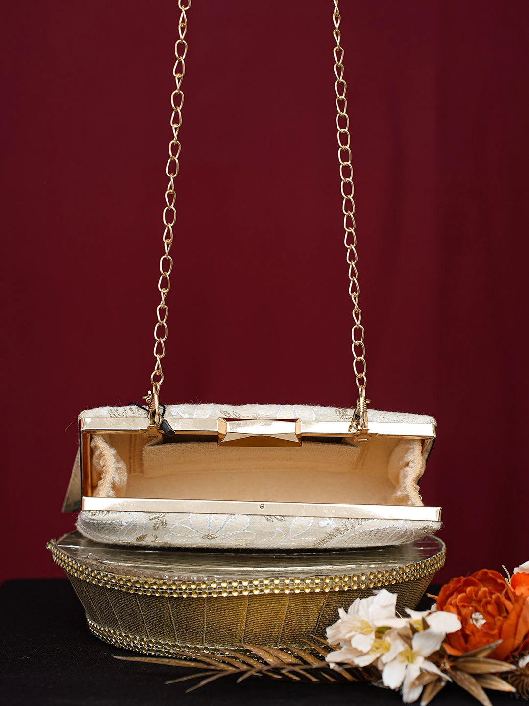 Ada Hand Embroidered Fawn Silk Lucknowi Chikankari Clutch With Golden Zari Taar Work 01A746453
