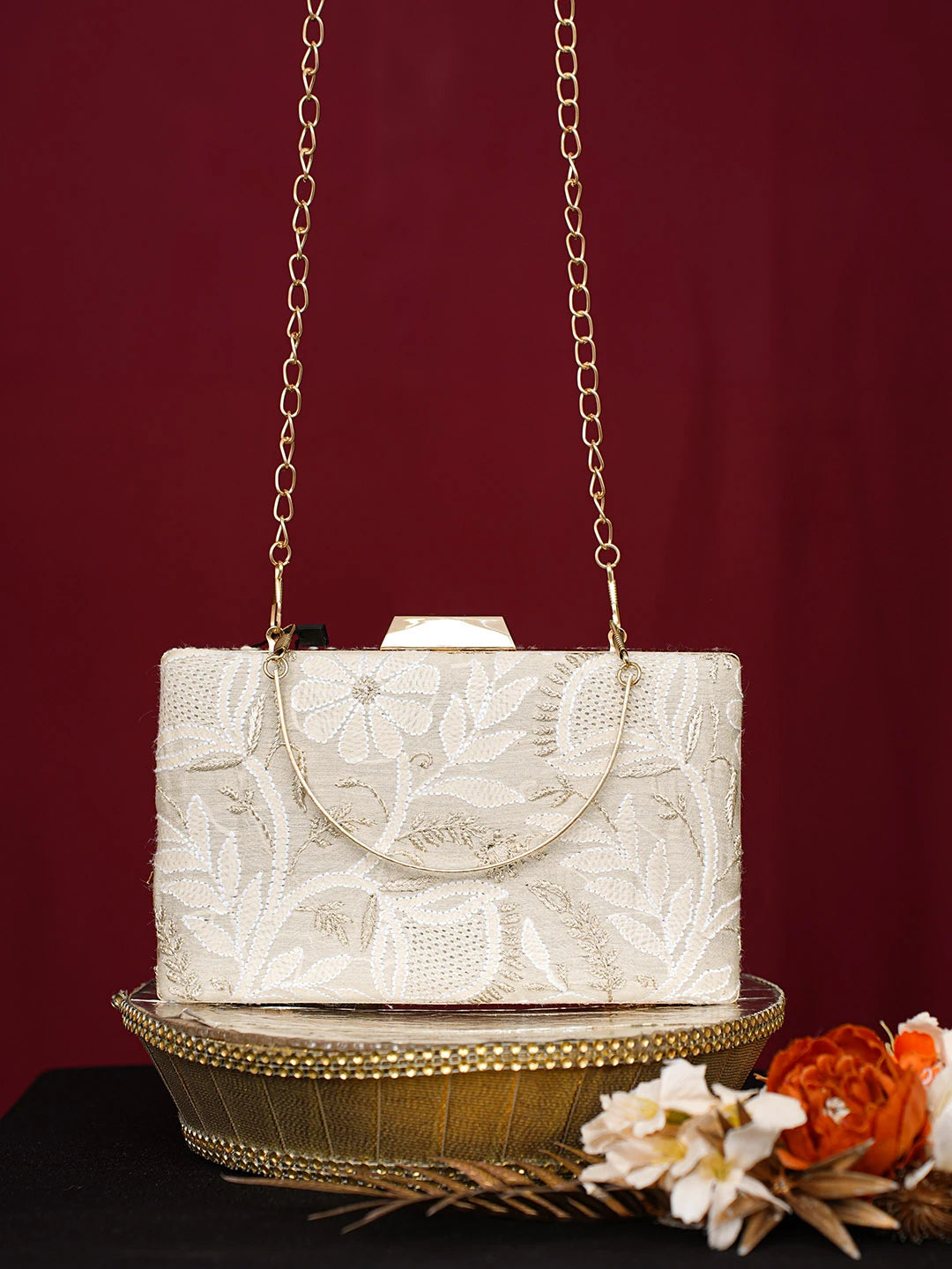 Ada Hand Embroidered Fawn Silk Lucknowi Chikankari Clutch With Golden Zari Taar Work 01A746453