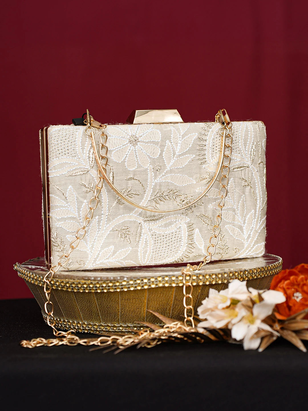Ada Hand Embroidered Fawn Silk Lucknowi Chikankari Clutch With Golden Zari Taar Work 01A746453