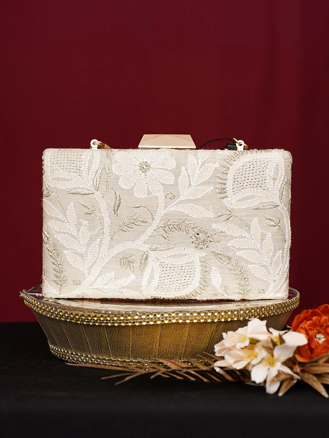 Ada Hand Embroidered Fawn Silk Lucknowi Chikankari Clutch With Golden Zari Taar Work 01A746453