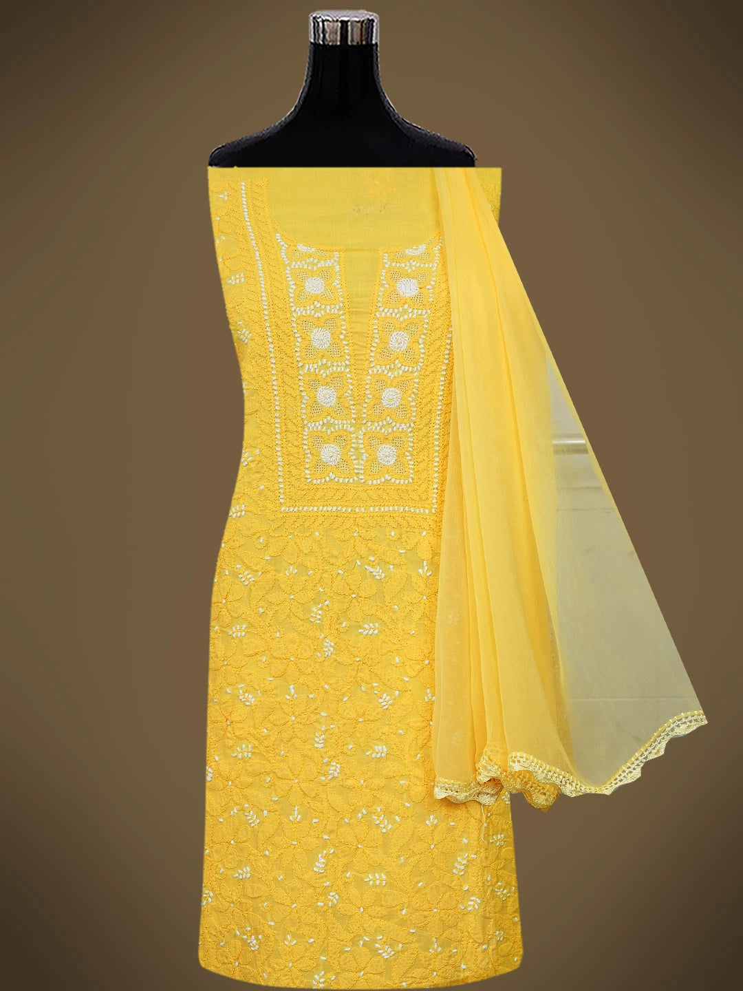 Ada Hand Embroidered Yellow Cotton Lucknowi Chikankari Unstitched Suit Piece 01A569019