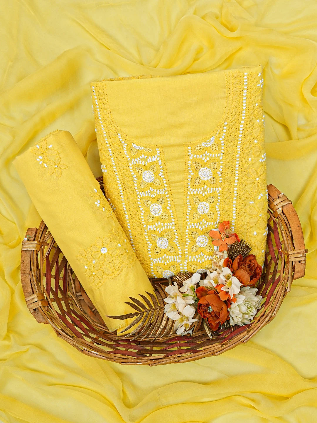 Ada Hand Embroidered Yellow Cotton Lucknowi Chikankari Unstitched Suit Piece 01A569019
