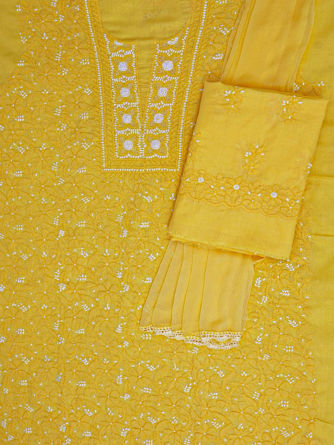 Ada Hand Embroidered Yellow Cotton Lucknowi Chikankari Unstitched Suit Piece 01A569019