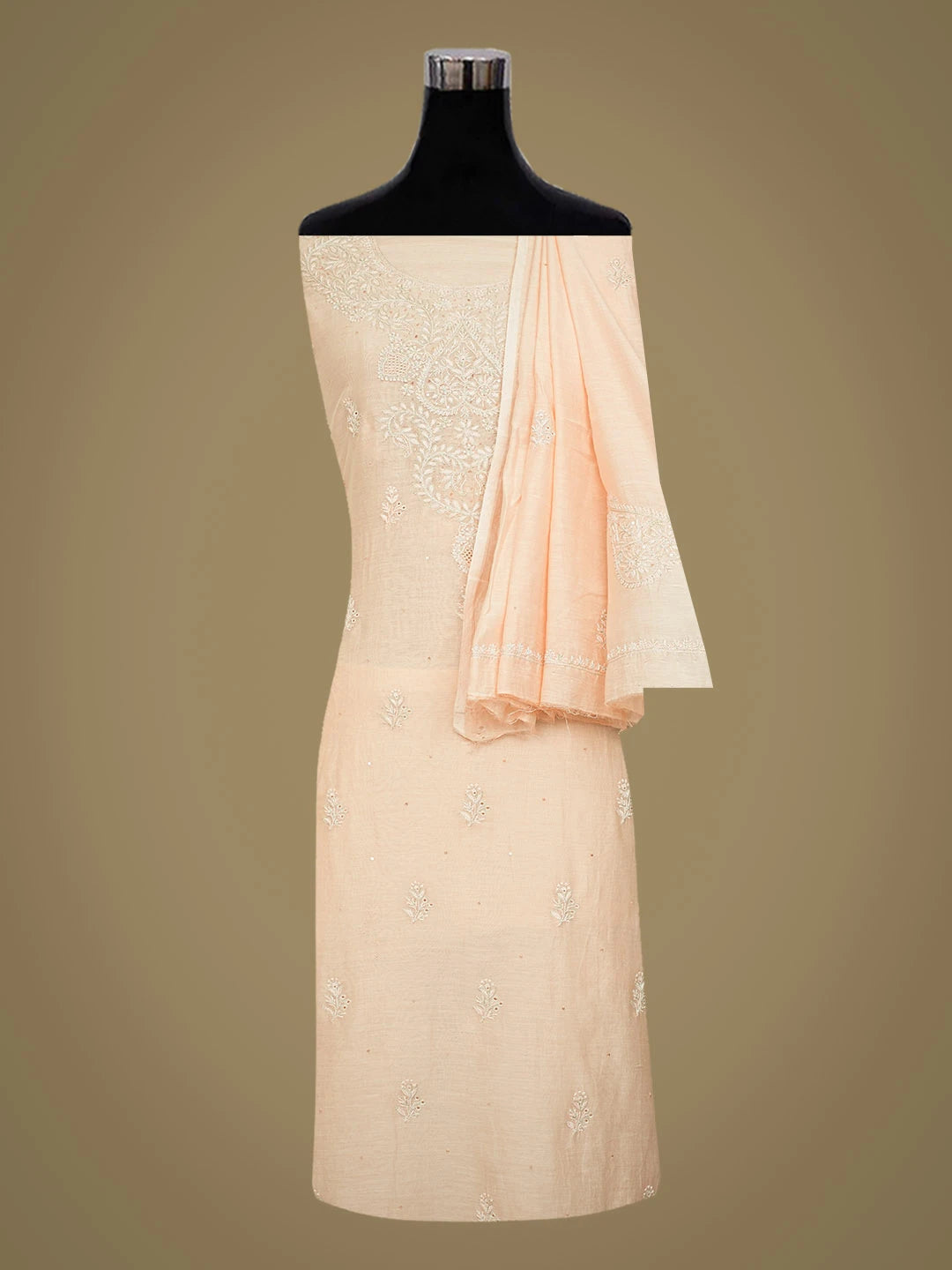 Ada Hand Embroidered Peach Chanderi Lucknowi Chikankari Unstitched Kurta Dupatta Set With Zari Work 01A720006