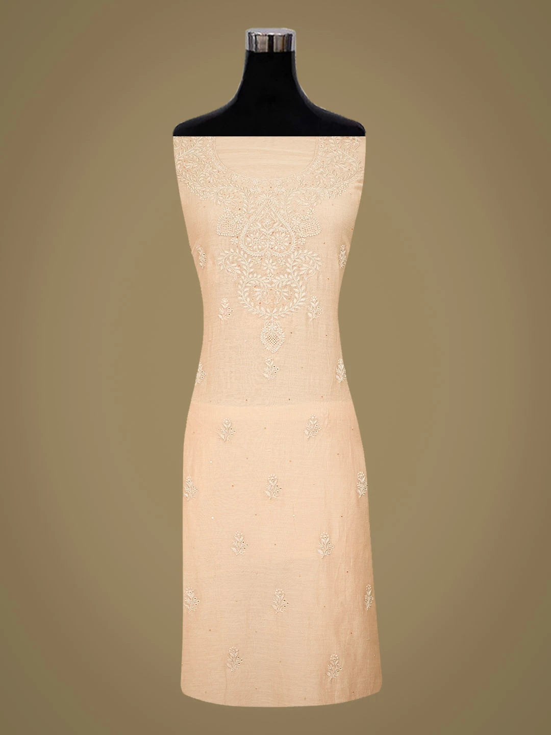 Ada Hand Embroidered Peach Chanderi Lucknowi Chikankari Unstitched Kurta Dupatta Set With Zari Work 01A720006