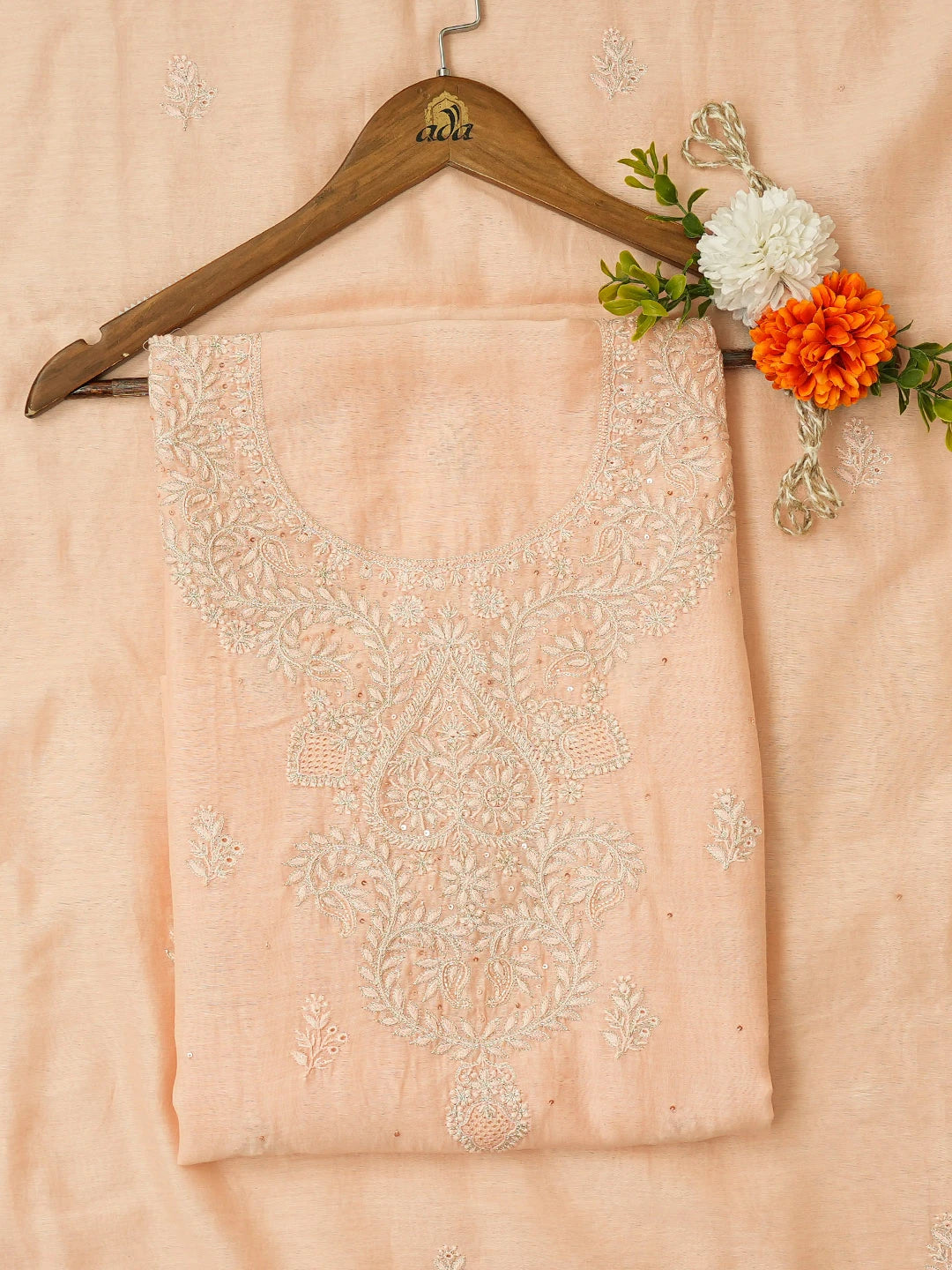 Ada Hand Embroidered Peach Chanderi Lucknowi Chikankari Unstitched Kurta Dupatta Set With Zari Work 01A720006