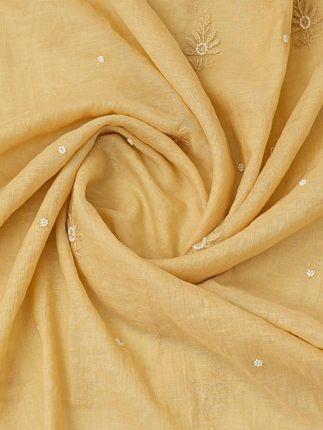Ada Hand Embroidered Beige Chanderi Lucknowi Chikankari Unstitched Kurta Dupatta Set With Pearl Work 01A710927
