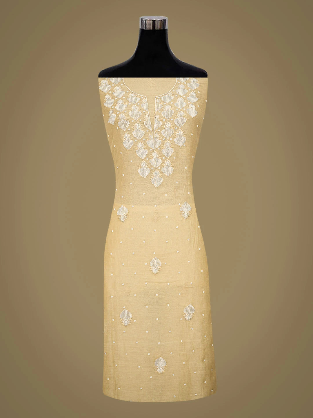 Ada Hand Embroidered Beige Chanderi Lucknowi Chikankari Unstitched Kurta Dupatta Set With Pearl Work 01A710927
